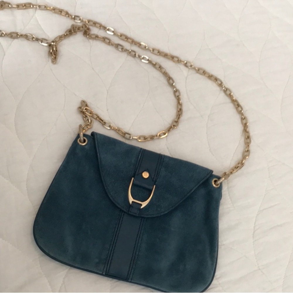Cole Haan Blue Suede Crossbody bag with Gold Chain strap